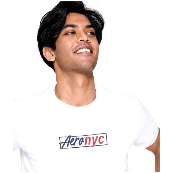 Aeropostale Spell Out Graphic Tee Script Box Logo White Aero NYC Mens Size XS - Picture 1 of 6